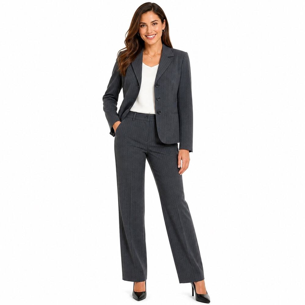 Rafaella Petites Gray Pinstripe Pants Suit Womens 8P Blazer Slacks Set